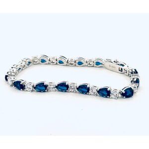 Elegant Blue Sapphire & CZ Sterling Silver 925 Tennis Bracelet, 7.5” Safety Clas